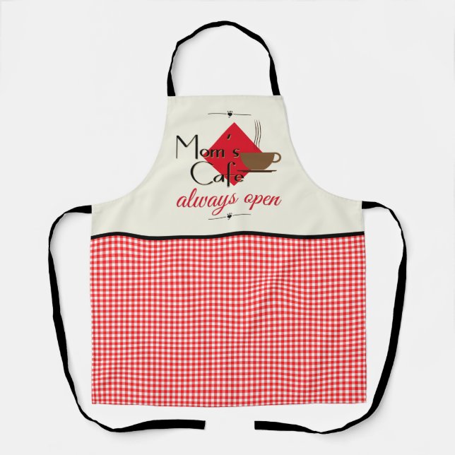Mum's Cafe Red and White Gingham Check Pattern Apron (Front)