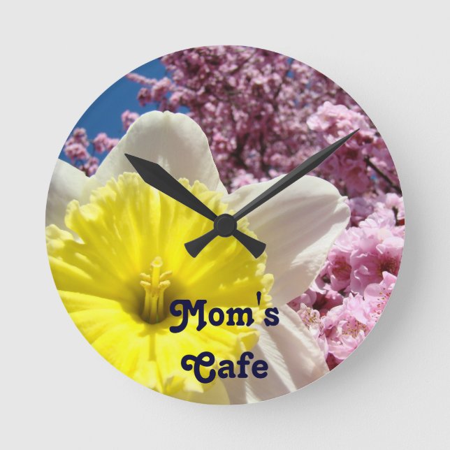 Mum's Cafe wall clocks Daffodil Pink Tree Blossoms (Front)