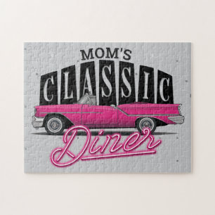 Mum's Diner Custom Name Faux Neon 50's Classic Car Jigsaw Puzzle