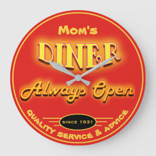 Mum's Diner or Any Name Neon Look Red - Large Clock