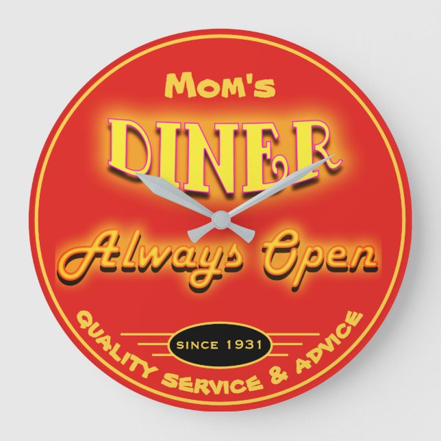 Mum's Diner or Any Name Neon Look Red - Large Clock (Front)