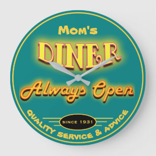 Mum's Diner or Any Name Neon Look Teal - Large Clock