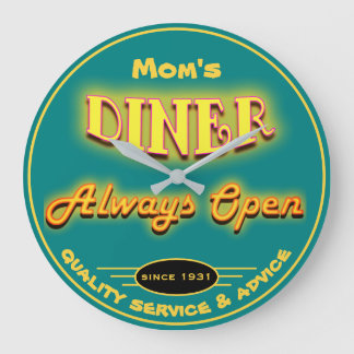 Mum's Diner or Any Name Neon Look Teal - Large Clock