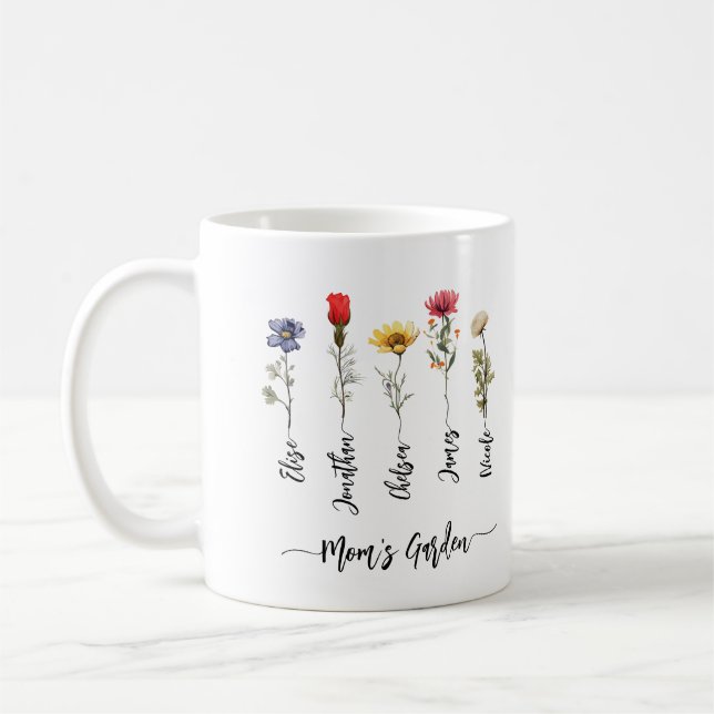 Mum's Garden Personalised Name Script Wildflowers Coffee Mug (Left)