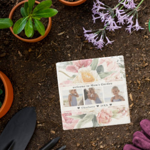 Mum's Garden Stone   Floral Three Photo Collage Coaster