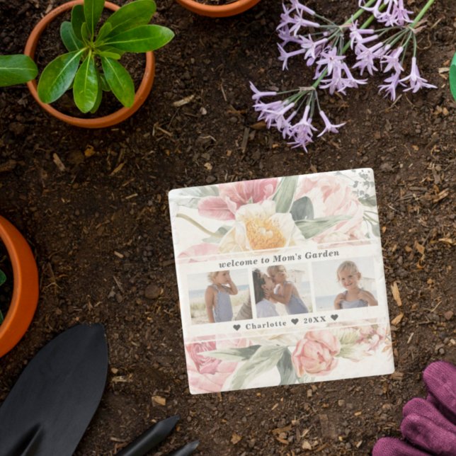 Mum's Garden Stone | Floral Three Photo Collage Stone Coaster (Creator Uploaded)
