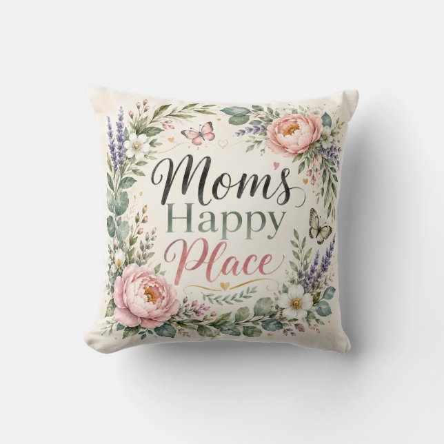 Mum's Happy Place Botanical Throw Pillow Design (Front)