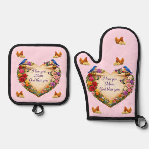 Mum's Heart & Chicken Oven Mitt & Pot Holder Set