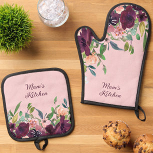 Mum's Kitchen Burgundy Pink Floral Oven Mitt & Pot Holder Set