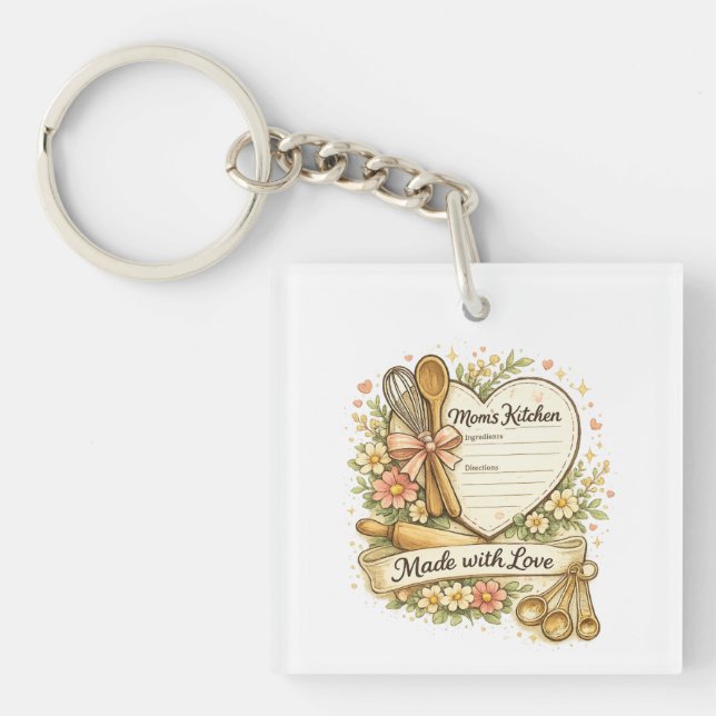Mum's Kitchen Heart Recipe Floral Keychain Gift (Front)
