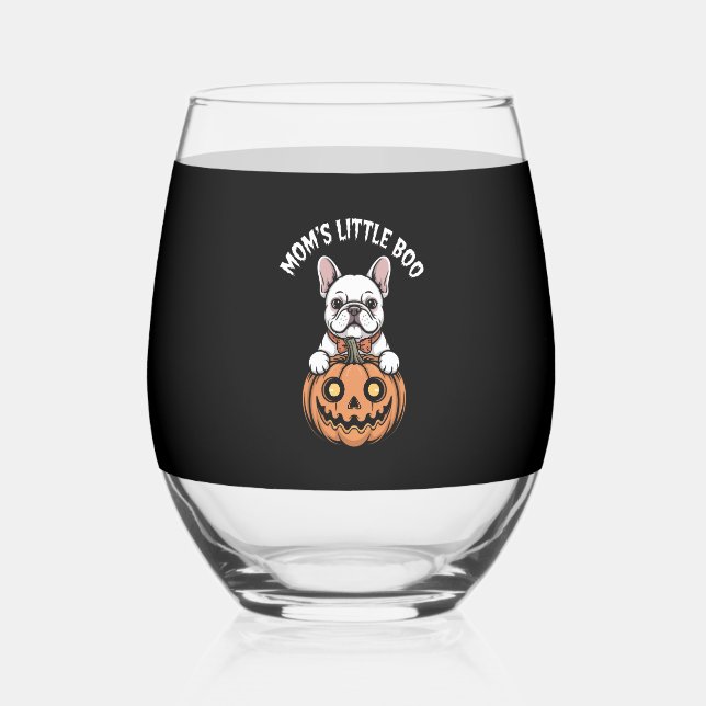 Mum's Little Boo French Bulldog Hallowen Stemless Wine Glass (Front)