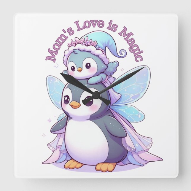 Mum's Love is Magic | Cute Fairy Penguin Wall Cloc Square Wall Clock (Front)
