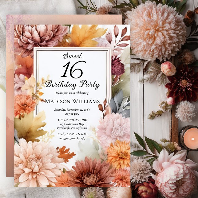 Mums | Peonies Floral Sweet 16 Birthday Party Invitation (Elegant Boho Chrysanthemums and Peonies Floral Sweet 16 Birthday Party Invitation - Print | Digital)