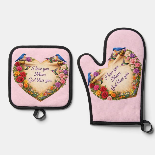 Mum's Pink Floral Heart Oven Mitt /Pot Holders Set (Front)