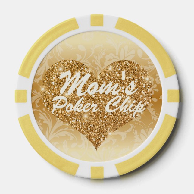 Mum's Poker Chip Gold Faux Glitter Heart Floral (Front)
