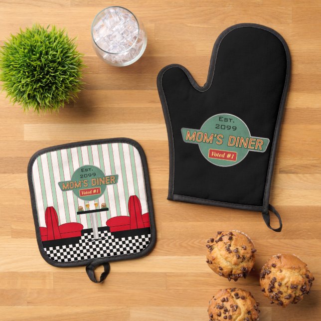 Mum's Retro Diner  Oven Mitt & Pot Holder Set (Top Down)