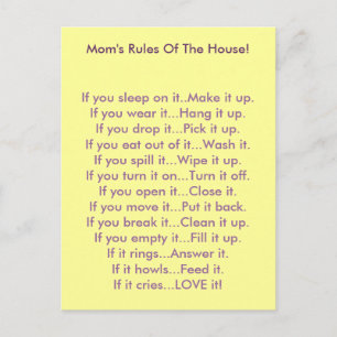 Mum's Rules Of The House Postcard