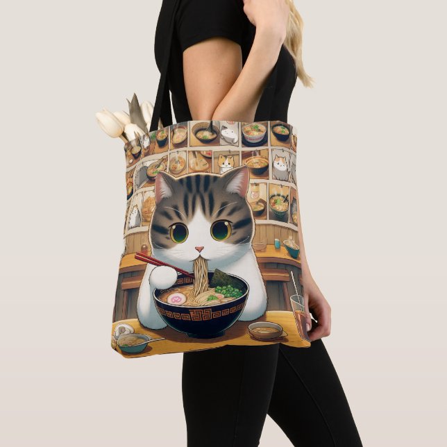 Munchkin Cat Eating Ramen Tote Bag (Close Up)