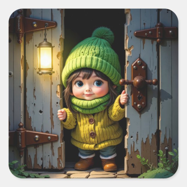 Munchkin Wearing a Knit Hat and Sweater Square Sticker (Front)