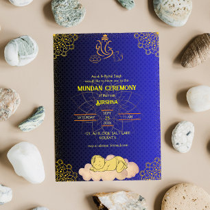 Mundan Ceremony Ganesha logo Royal Golden & Blue Invitation