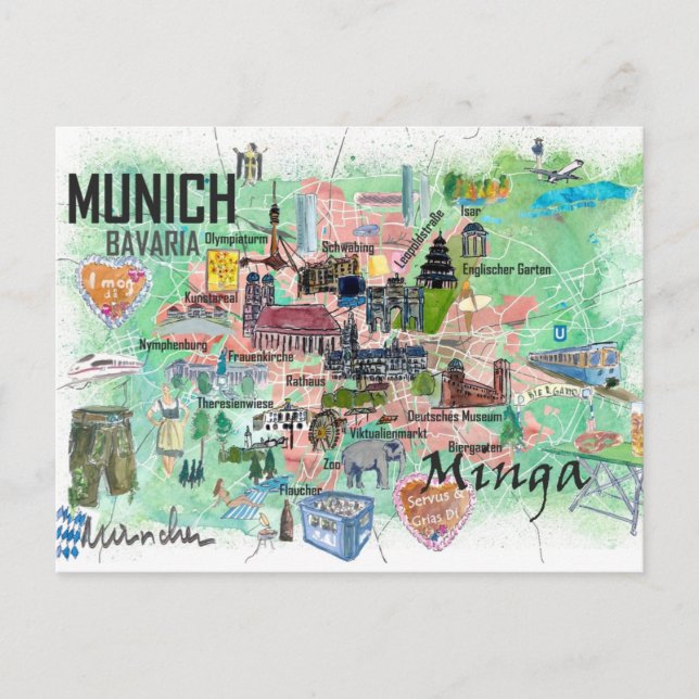 Munich Bavaria Germany Illustrated Travel Map  Postcard (Front)