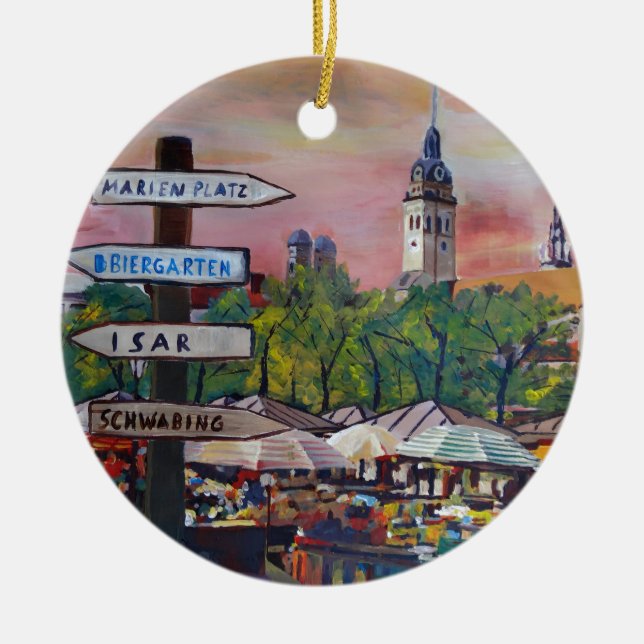 Munich Bavaria Viktualienmarkt With Signposts Ceramic Tree Decoration (Front)