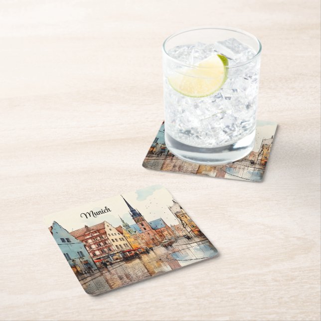Munich Cityscape – Bavarian Style for Every Sip Square Paper Coaster (Insitu)