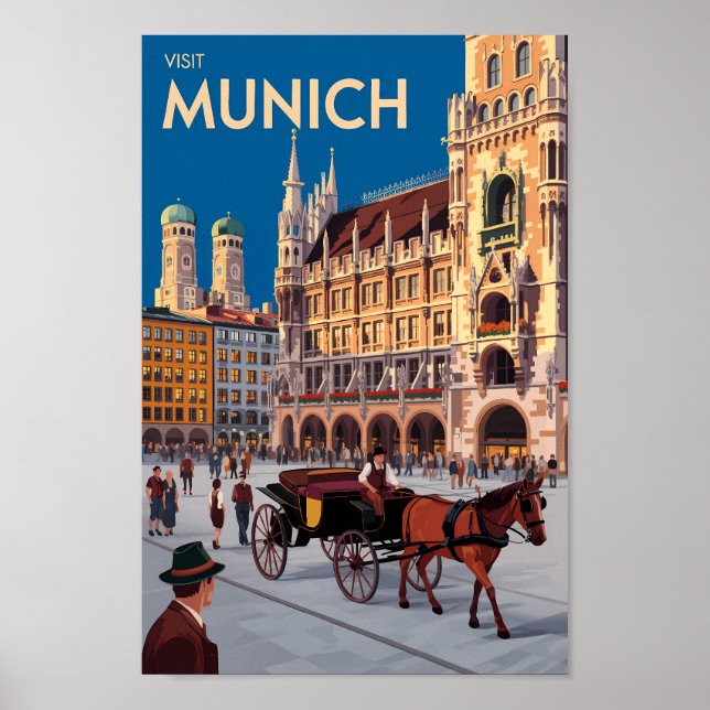 Munich Germany Marienplatz Travel Art Vintage Poster (Front)