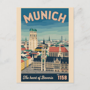 Munich Germany Retro Skyline Cityscape Travel Postcard