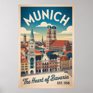 Munich Germany Retro Skyline Cityscape Travel Poster