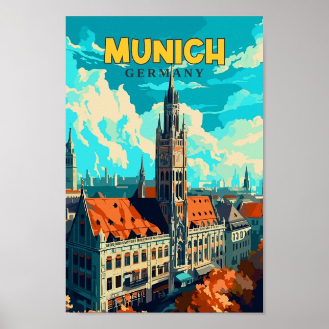 Munich Germany Travel Art Vintage Illustration  Poster (Front)