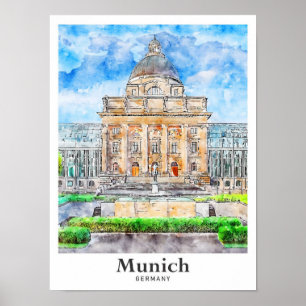 Munich Germany Travel Watercolor Hand Drawn Poster