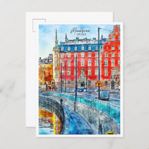Munkbron Sweden vintage travel watercolor Postcard