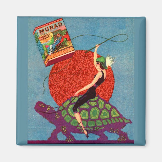 Murad cigarettes lady riding giant tortoise magnet (Front)