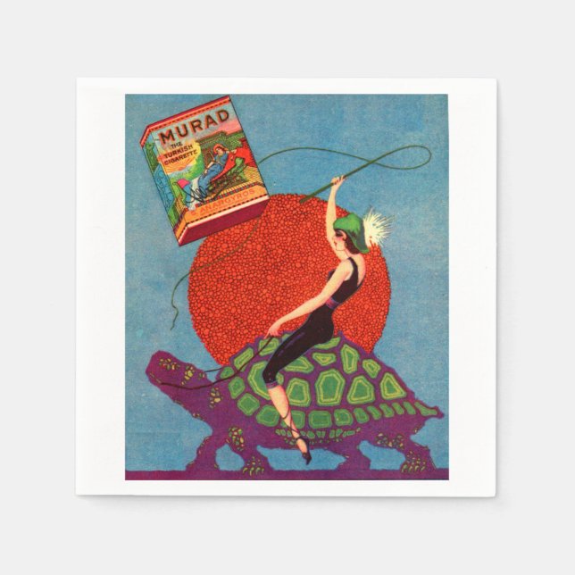 Murad cigarettes lady riding giant tortoise napkin (Front)
