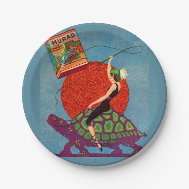 Murad cigarettes lady riding giant tortoise paper plate (Front)