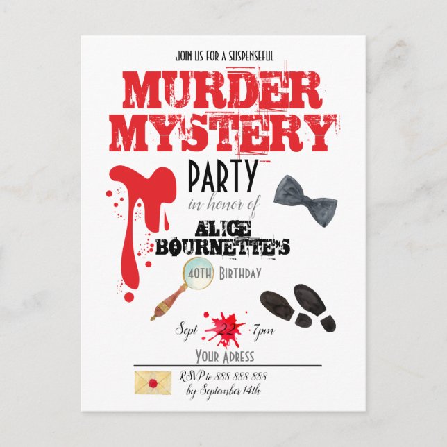 Murder Mystery Birthday Party  Invitation Postcard (Front)
