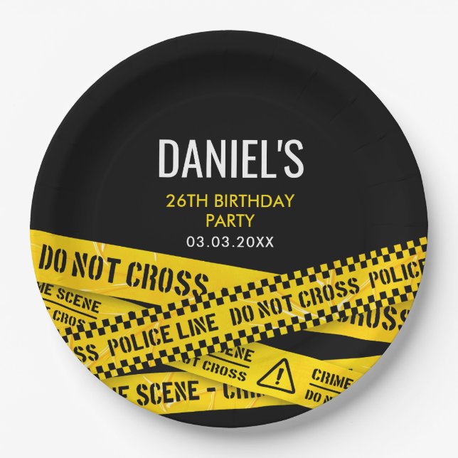 Murder Mystery Dinner Party Yellow Police Line Paper Plate (Front)