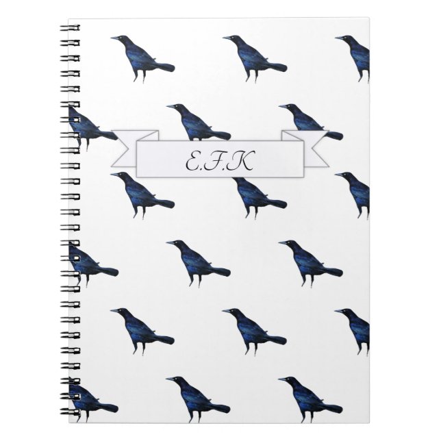Murder of Crows Black Bird Pattern Print Monogram  Notebook (Front)