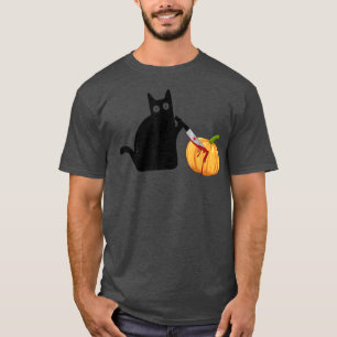 Murderous Black Cat with Knife & Pumpkin Halloween T-Shirt