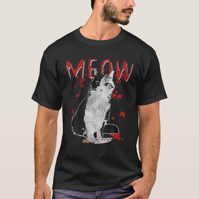Murderous Cat With Knife Blood Splatter Costume Di T-Shirt (Front)
