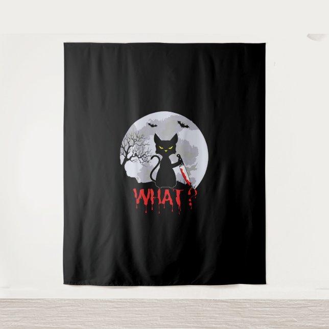Murderous Cat With Knife, Cat What Halloween Tee,  Tapestry (Front)