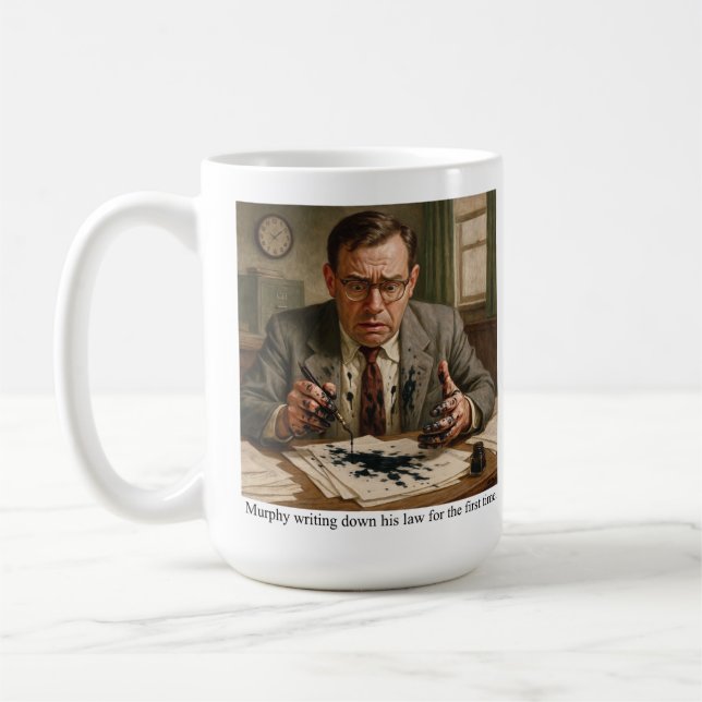 Murphy writing down his law for the first time. coffee mug (Left)