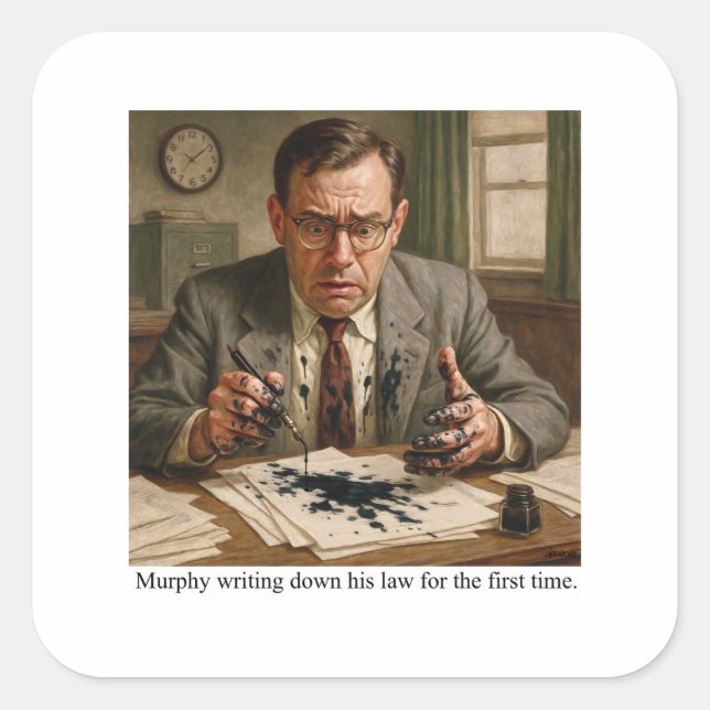 Murphy writing down his law for the first time. square sticker (Front)