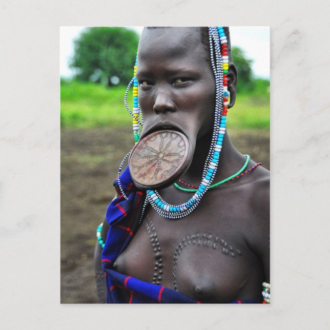 Mursi Woman with Lip Plate and Scarification Postcard (Front)
