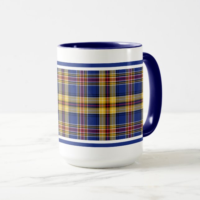 Murtaugh Tartan Blue and Gold Irish Plaid Mug (Front Right)