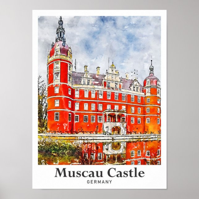 Muscau Castle Germany Travel Watercolor Hand Drawn Poster (Front)