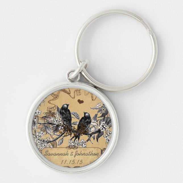 Muscial Vintage Birds Hand Drawn Blooms Key Chain (Front)