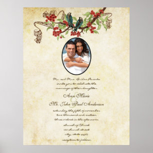 Muscial Vintage Teal Bird Red Bloom Wedding Invite Poster