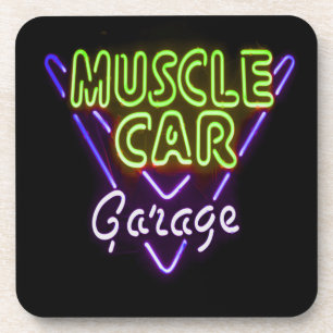Muscle Car Garage Neon Sign Blue Green Coaster